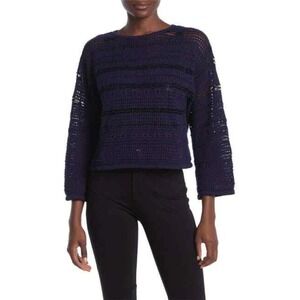 CENY Crochet Knit Sweater Pullover Striped‎ Bell Sleeve Top Navy Small NWT